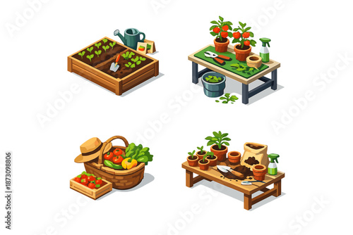 Gardening and farming icon set. Featuring tools, plants, vegetables, pots, seeds, watering, harvest, soil, and more.
