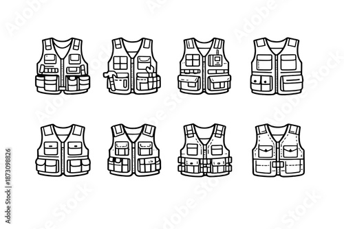 Clothing and accessories icon set. Featuring vests, pockets, garments, apparel, utility, fashion, wear, style and more.