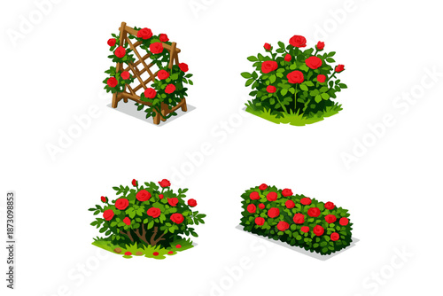 Garden and plant icons set. Featuring rose bush, flower bed, trellis, plant pot, and more.