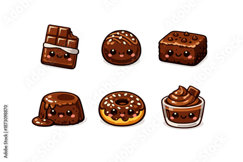 Dessert Icons Set: Brownie, Chocolate Bar, Donut, Cake, Mousse, Pudding