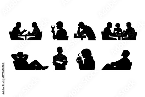 Social Interaction Icon Set: Featuring Conversation, Meeting, Drinking, Relaxation, Thoughtfulness, Dining, Listening, Engagement