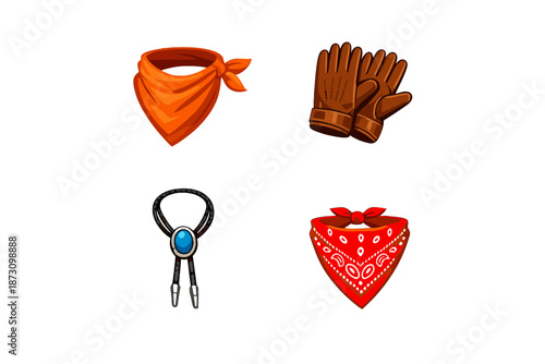 Fashion Accessories Icon Set. Containing bandana, gloves, bolo tie, scarf, headwear, textile, outfit, style and more.