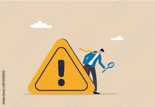 Incident management, root cause analysis or solving problem, identify risk or critical failure concept, businessman with magnifier monitor and investigate incident with exclamation attention sign