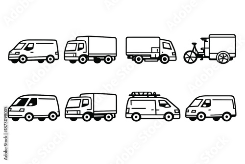 Vehicle and transportation icon set. Featuring truck, van, bicycle, delivery, transport, auto, vehicle, logistics, freight and more.