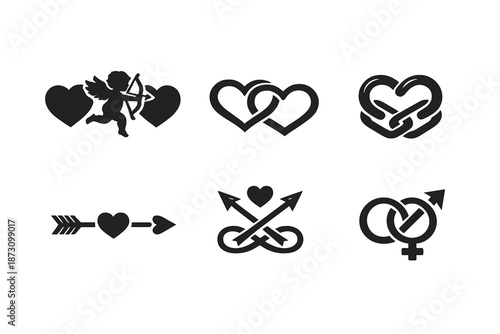 Love and relationship icon set. Containing heart, cupid, arrow, infinity, connection, romance, couple, passion and more.