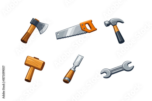 Tools and Hardware Icon Set. Containing hammer, saw, axe, wrench, chisel, mallet and more.