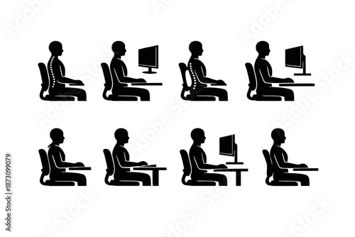Ergonomics icon set. Featuring posture, chair, workstation, health, comfort, alignment, back, support, screen and more.