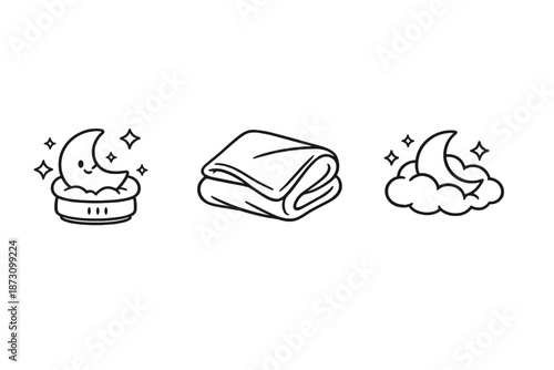 Comfort and relaxation icon set. Featuring sleep, blanket, moon, stars, clouds, cozy, nap, rest and more.