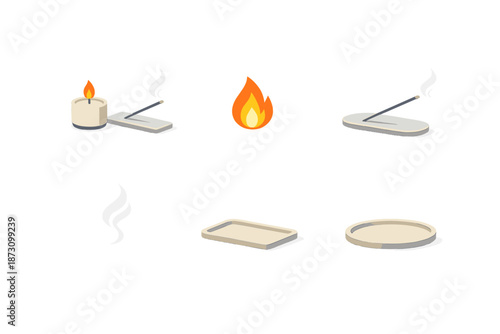 Fire and flame icon set. Containing candle, match, flame, smoke, incense, tray, heat, light, and more.
