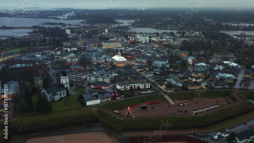 Historical bastion fortification area and town skyline in Hamina. Aerial view of Finnish urban landscape during winter season featuring coastal bay and northern atmosphere. Fortress.