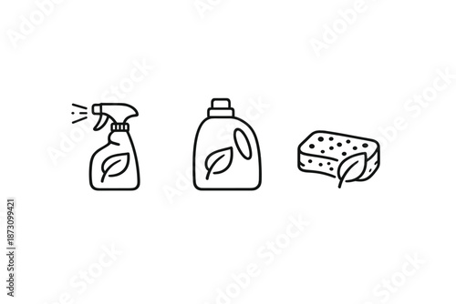 Cleaning and household icons set. Containing spray, detergent, sponge, brush, wipe, bucket, compost, eco-friendly, and more.