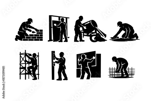 Construction Icons Set. Featuring worker, tools, building, crane, safety, teamwork, equipment, concrete, structure, hardhat, blueprint, hammer, labor,