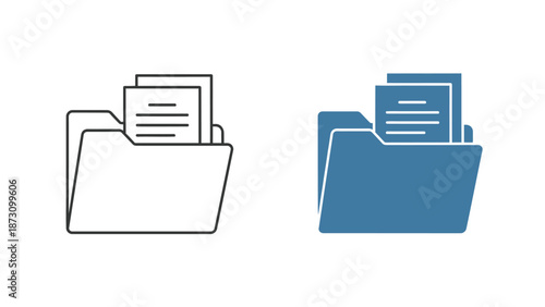 Digital document organization icons featuring a simple outline style next to a solid blue filled graphic representing data management and storage