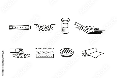 Water and drainage icon set. Containing pipe, filter, bottle, flow, reservoir, outlet, surface, mat and more.