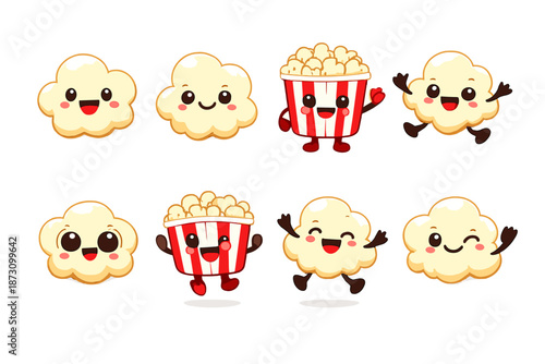 Food and snack icon set. Containing popcorn, bucket, happy, food, snack, kernel, buttery, corn, treat, cinema, box, crispy, munch, delicious, crispy,