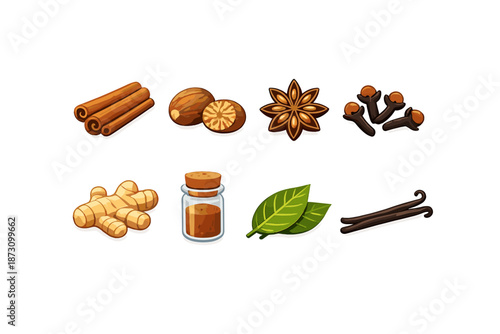 Spices and herbs icon set. Featuring cinnamon, nutmeg, star anise, ginger, cloves, bay leaves, and more.