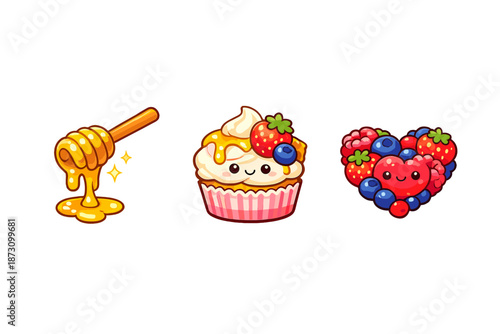 Food and dessert icon set. Containing honey, cupcake, berries, fruit, sweets, treats, pastry, dessert, confectionery and more.