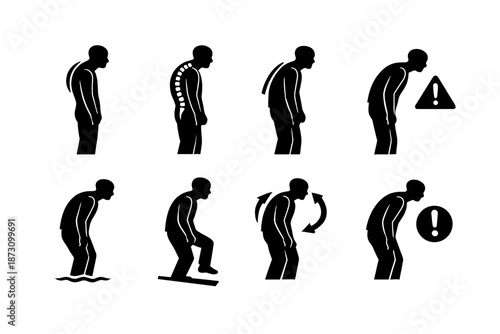 Movement and anatomy icon set. Containing skeleton, spine, joints, flexibility, postures, limbs, rotation, structure and more.