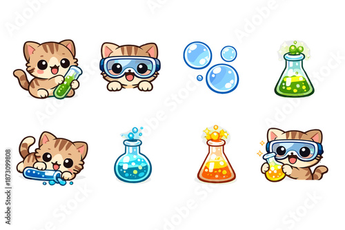 Science and laboratory icon set. Containing test tube, flask, bubbles, cat, chemicals, experiment, research, discovery and more.