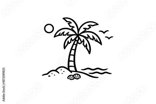 Beach and vacation icon set. Containing palm, sun, water, sand, shell, relaxation, surf, waves, holiday and more.