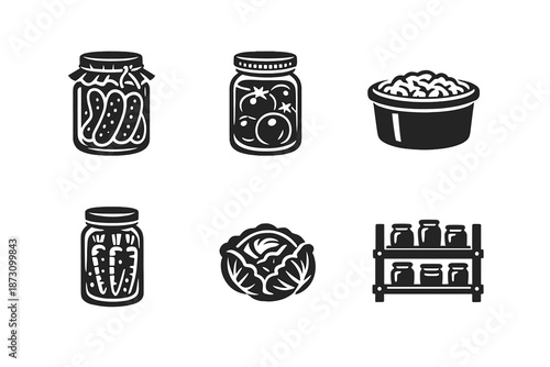 Food preservation and storage icon set. Containing jars, pickles, canned, vegetables, fruits, storage, gardening, food and more.