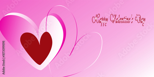 Valentine's Day composition. Ribbon bunting with pink and red hearts, and heart-shaped decorations on a pink background. Suit for bussines, banners