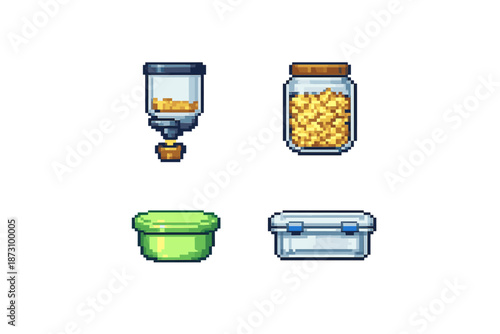 Food storage and container icon set. Featuring jar, bottle, canister, box, lid, closure, packaging, and more.