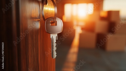 Key on door handle with moving boxes in background