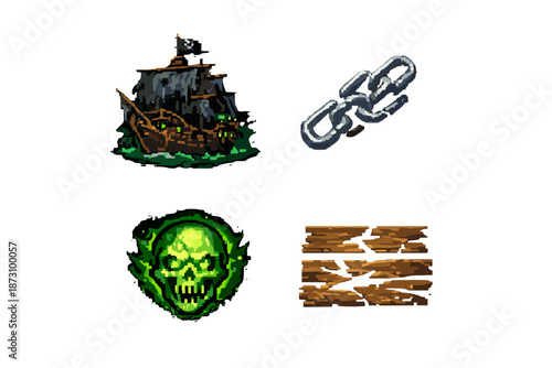 Pirate-themed icons set. Including ship, skull, chain, wood, treasure, dagger, flag, map, compass, and more.