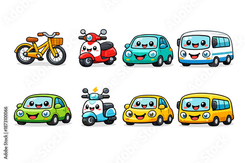 Vehicles icons set. Containing car, bike, bus, truck, motorbike, van, compact, scooter, and more.