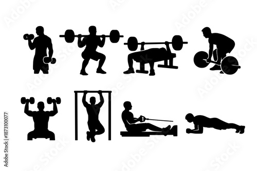 Fitness and Exercise Icons Set. Including weights, lifting, push-up, squat, bench, cardio, strength, gym, health, workout, and more.