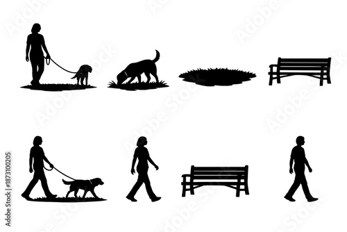 Dog Walking and Recreation Icon Set. Featuring dog, owner, leash, park, bench, walk, breed, sit, run, activity, pet, exercise, nature, outdoor, friend