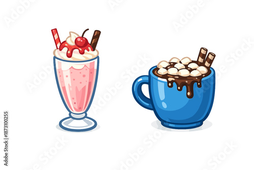 Food and Beverage Icon Set: Ice Cream, Milkshake, Hot Chocolate, Dessert, Snack, Cup, Toppings, Indulgence, Sweetness