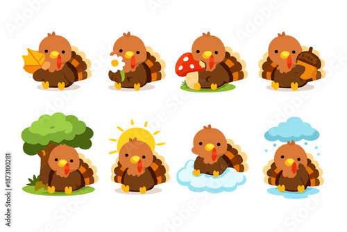 Nature and seasonal icons set: bird, autumn, flower, mushroom, tree, sun, snow, weather