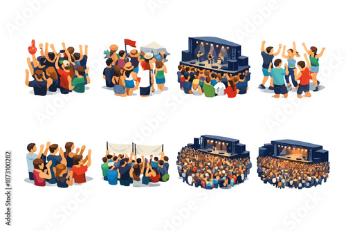 Event and concert icon set. Containing audience, stage, performance, music, festival, crowd, cheering, band, sound and more.