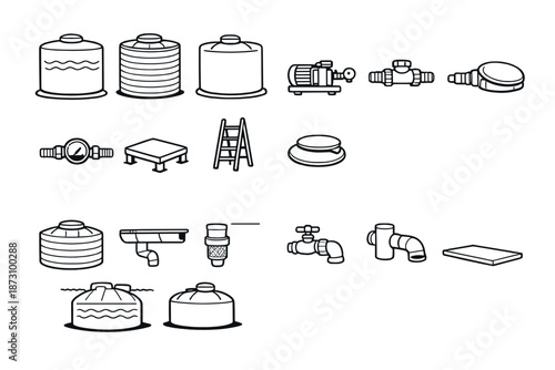 Water Supply and Plumbing Icons Set. Containing tank, valve, pump, pipe, faucet, gauge, ladder, and more.