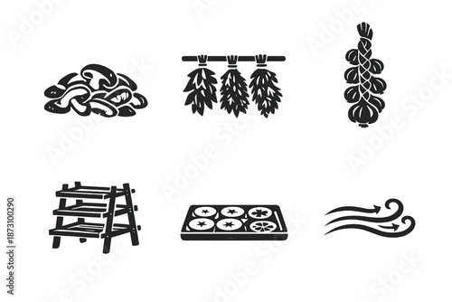 Food preservation icon set. Containing drying, herbs, smoke, vegetables, spices, storage, method, technique, traditional and more.