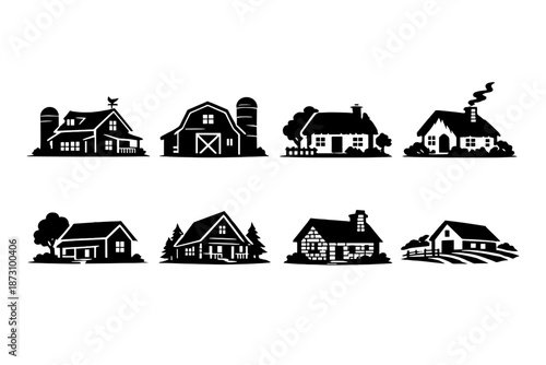 Home and building icon set. Containing house, cottage, farm, barn, villa, apartment, rooftop, bungalow and more.