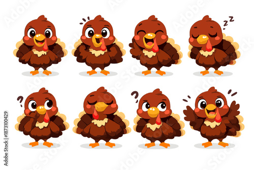 Animal Icons Set: Bird, Turkey, Quirky, Cute, Feathered, Fowl, Cartoon, Characters, Emotions, Expressions, Fun, Joy, Playful, Happy, Smiling, Surprise