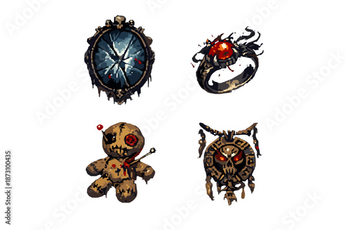 Mystical and Occult Icons Set. Featuring mirror, ring, voodoo doll, and amulet.