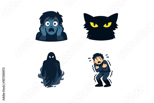 Fear and horror icons set. Featuring terror, scream, ghost, nightmare, panic, haunting, dread, shadow, scream and more.