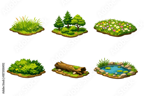 Nature and landscape icon set. Containing grass, trees, flowers, pond, log, shrubbery, flora, greenery, and more.