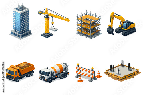 Construction and machinery icon set. Featuring crane, excavator, truck, building, concrete, site, tools, and more.