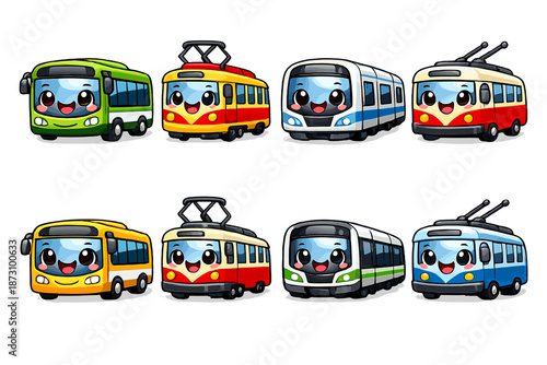 Transport Icons Set: Bus, Tram, Train, Trolley, Subway, Vehicle, Commuter, Travel, Transit, Journey