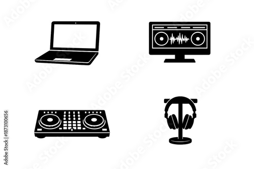 Music and audio icon set. Containing laptop, mixer, headphones, soundwave, DJ, speaker, studio, recording, equipment, music.