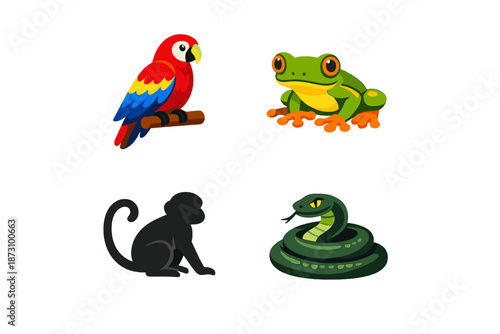 Animal Icons Set: Parrot, Frog, Monkey, Snake, Wildlife, Nature, Reptile, Bird, Amphibian, Mammal, Forest, Jungle, Habitat