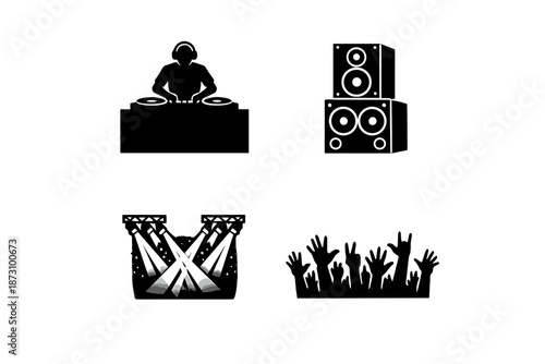 Music and Sound Icons Set: DJ, Speakers, Stage, Audience, Concert, Amplifier, Lights, Performance, Festival, Soundwave