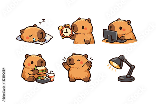 Bear Icons Set. Featuring sleeping, waking, working, eating, celebrating, and studying.