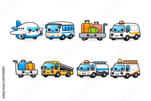 Transportation icons set. Featuring airplane, bus, luggage, emergency vehicle, taxi, baggage cart, and more.