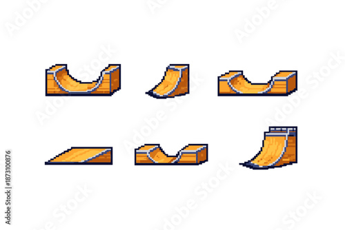 Skateboarding Icon Set: Ramps, Grind, Trick, Stunt, Board, Ollie, Slide, Park, Vert, Flip, Bowl, Edge, Jump, Transition, Skate, Kick, Safety, Gear,